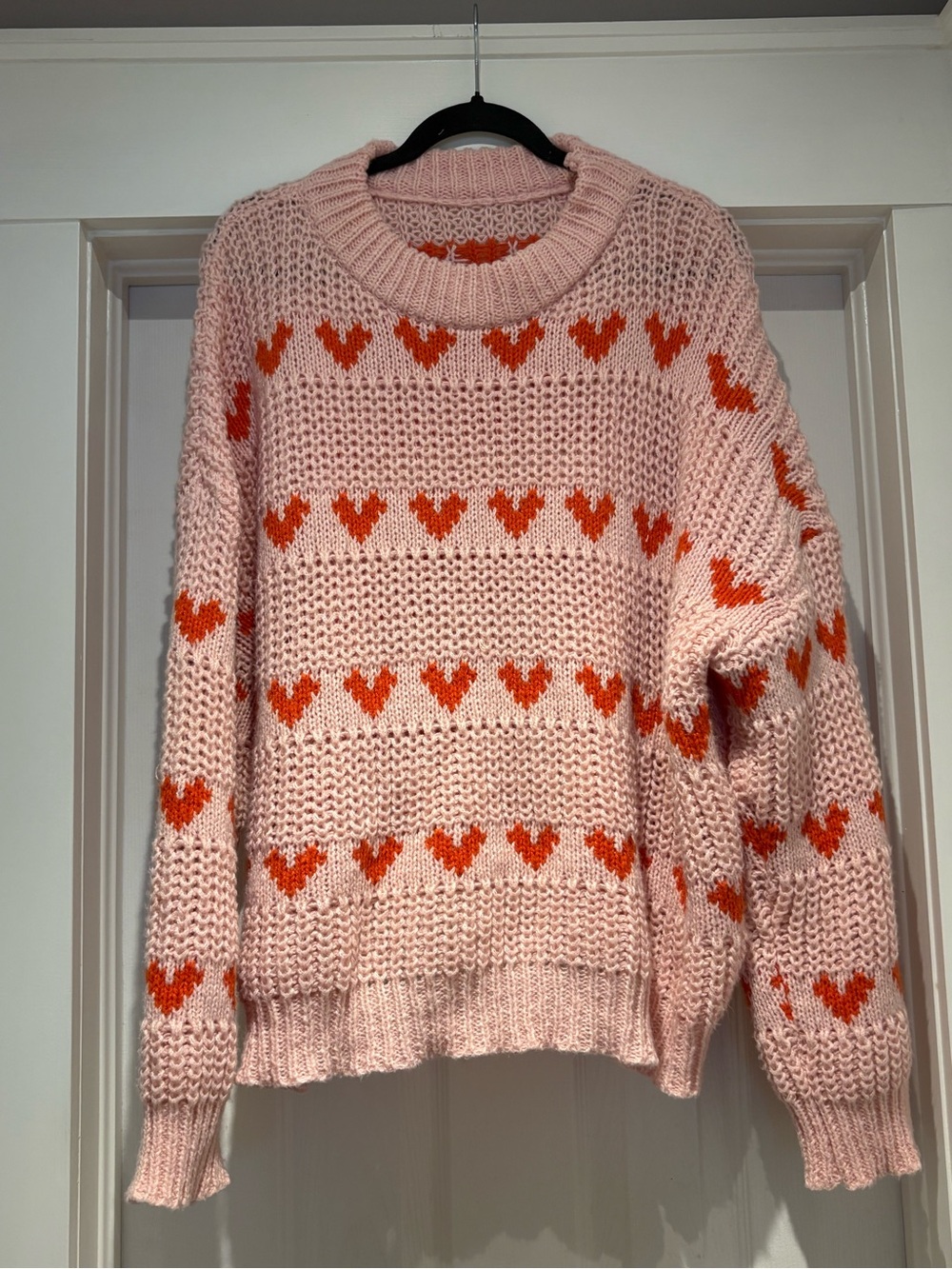 SHEIN Pink Sweater with Orange Heart Motifs